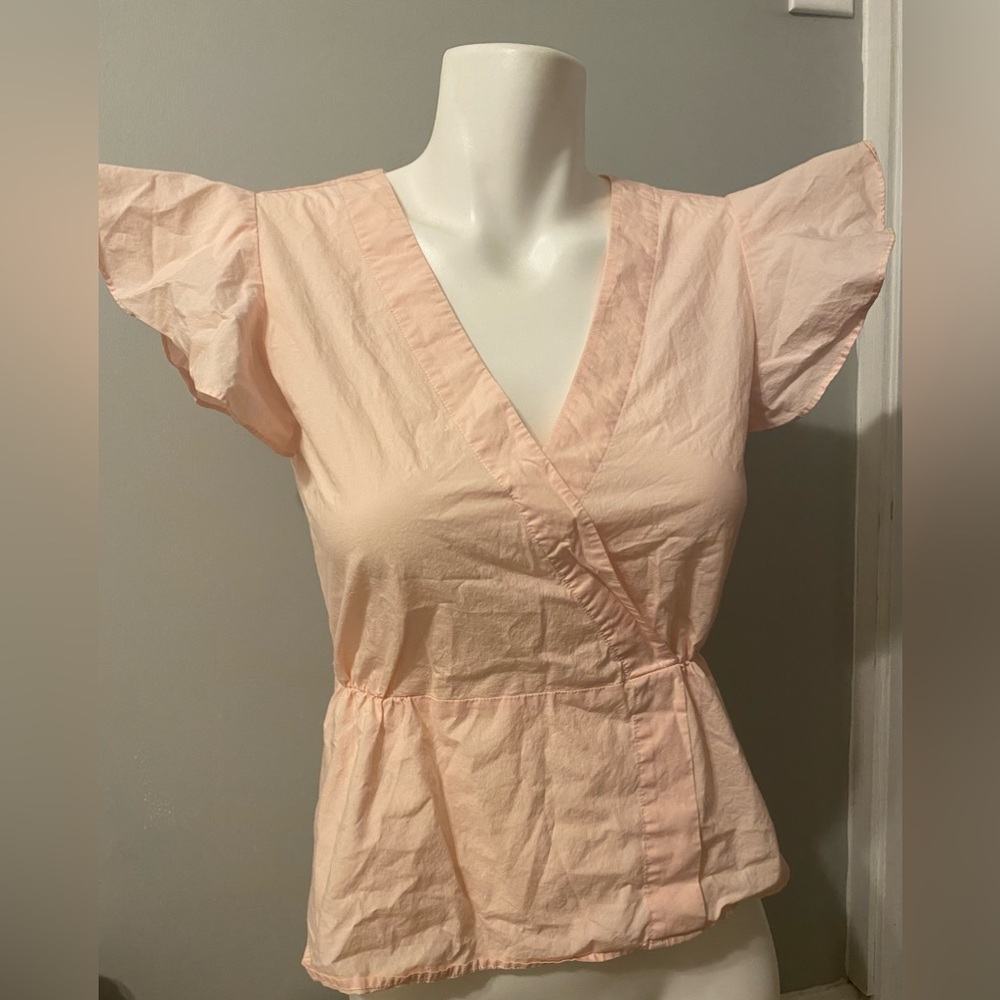 J. CREW PINK FLUTTER SLEEVE CROSSOVER TOP